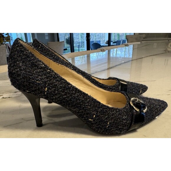 Nine West Kellendrao Navy Textile Tweed Like Pump Black Silver Buckle SZ 8 - Picture 5 of 6